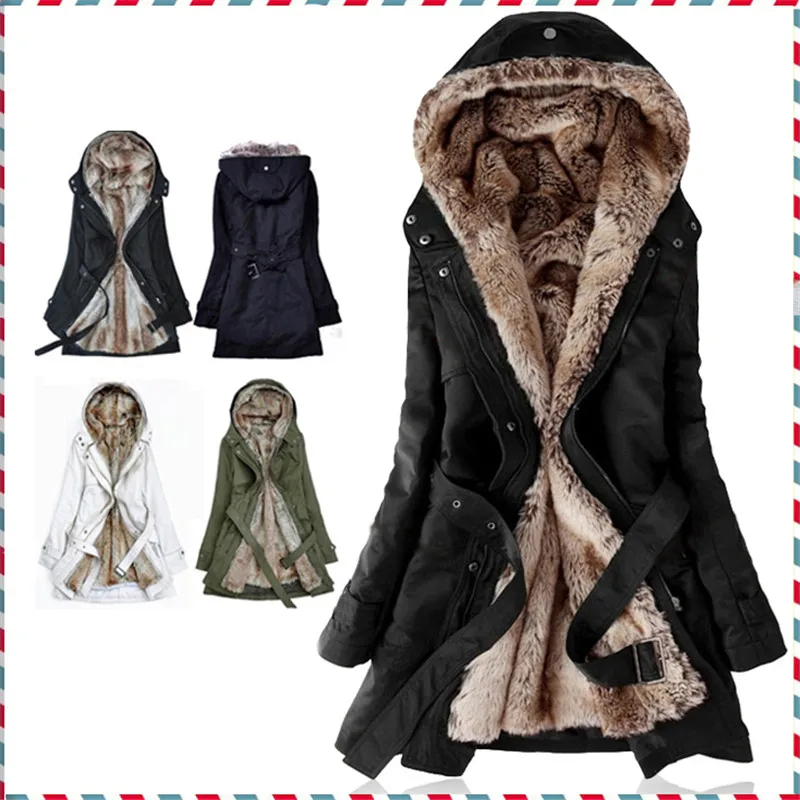 Thick Faux fur lining women s fur Hoodies winter warm long fur inside coat jacket cotton