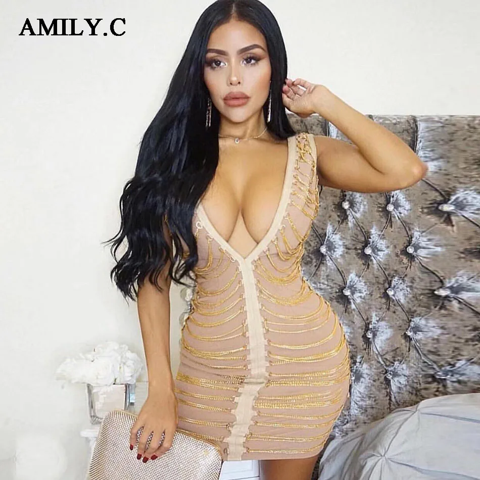 

Amily.c 2018 new women's dress sexy deep V chain decorative dress women's Clubwear bandage party dress gold