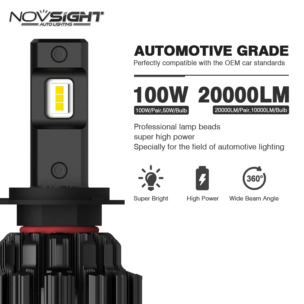 Novsight светодиодные лампы для автомобильных фар H7 H11 HB3/9005 HB4/9006 H4/9003/HB2/короче спереди и длиннее сзади) авто фары 6000 К белого Авто h7 светодиодные лампы светодиодный