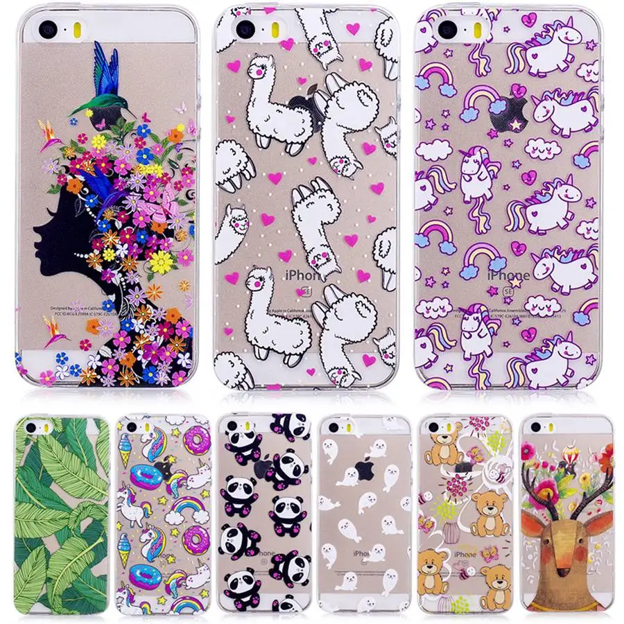 Phone Cover For iphone 5s Case Cute Transparent TPU Silicone Luxury Ultra Slim Panda Flower Back Animal SE 5 |
