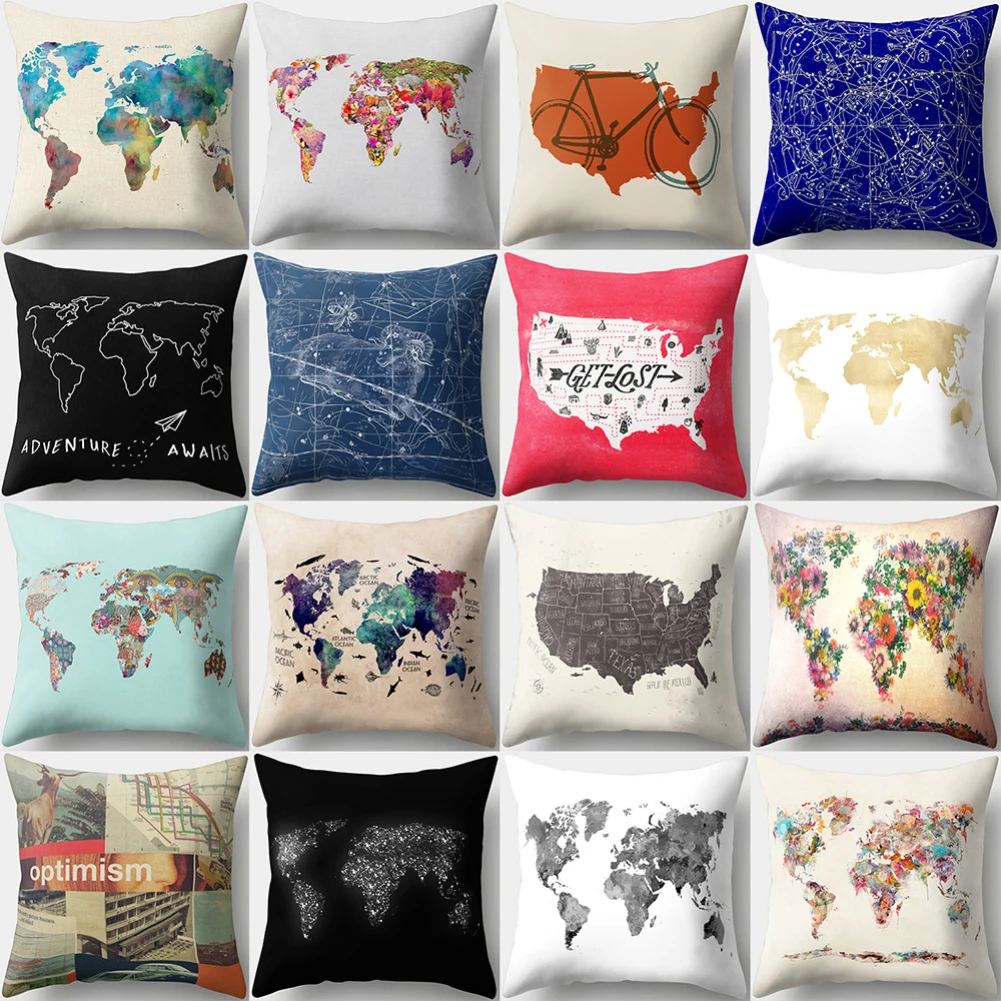 

18 Inch Square World Map Print Pillowcase Home Room Soft Cotton Pillow Case