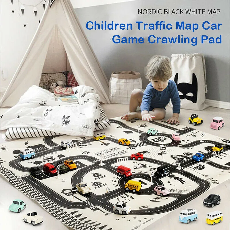 

Children Traffic Map Car Game Grawling Pad Baby Kids Play Mat Large Urban Road System Playmat Guidepost Set and Mini Cute Cars