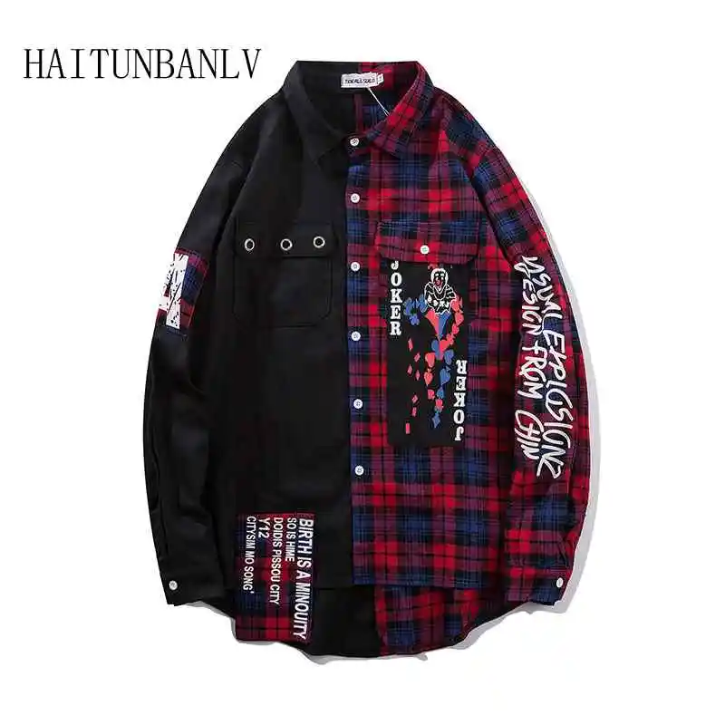 

New Hip Hop Men Patchwork Plaid Jackets Long Sleeve Evil Clowns Outerwear Pattern Male Casual Harajuku Jacket
