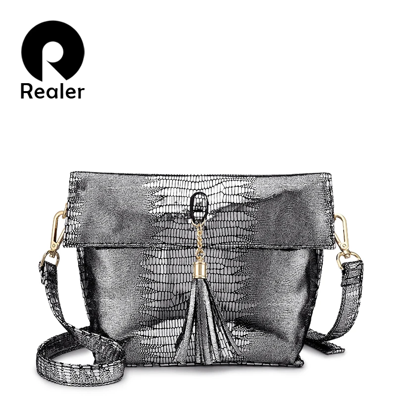 

REALER 2018 women messenger bag PU leather ladies shoulder bags female crossbody bag new designs with tassel serpentine prints