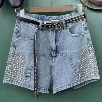 

Heavy work rivet denim shorts women summer fashion new wide leg rhigh waist jeans shorts