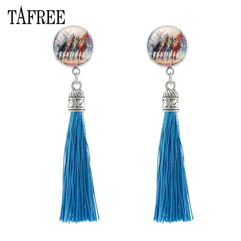 

TAFREE Abstract Painting People Horse Racing Tassel Stud Earrings Fashion Bohemia Statement Tassel Earrings Female Jewelry PT49