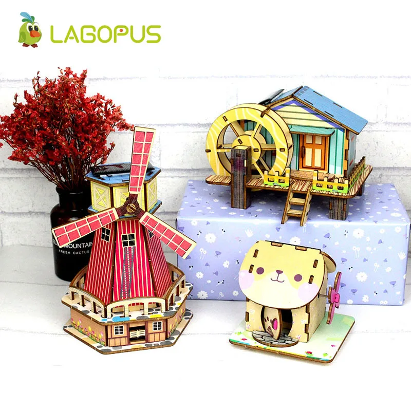 

lagopus Dutch Windmill Solar Powered Puzzle Toys Kids Science Educational DIY 3D Wooden Puzzle Model