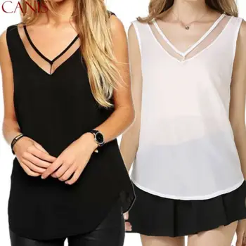 

Women Summer Chiffon Vest Top V Neck Sleeveless chiffon Blouse Casual Loose Tank Tops 3XL Plus Size