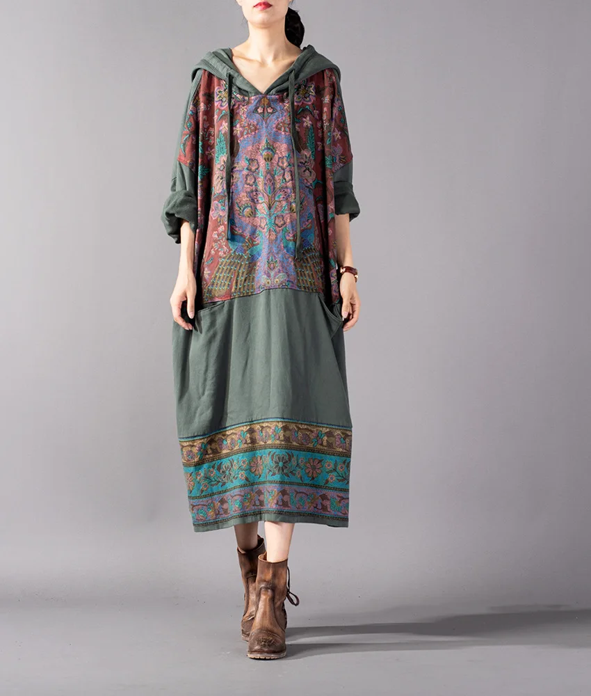 

Women Plus Size print Hooded VIntage Dress Ladies Loose Patchwork Casual National Style Dress Female Autumn Spring Fall Dress
