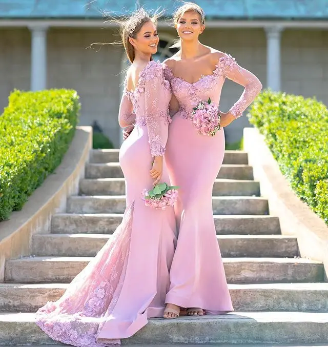 

2019 Latest Gorgeous Pink Long Sleeves Bridesmaid Dress For Wedding Party Guest Gowns Mermaid Vestido Longo With Flowers