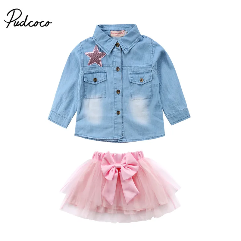 

Kids Toddler Baby Girls Denim Long Sleeve Botton T-shirt Tops+Lace Bowknot Tutu Skirt Dress 2Pcs Fashion Princess Outfits Set