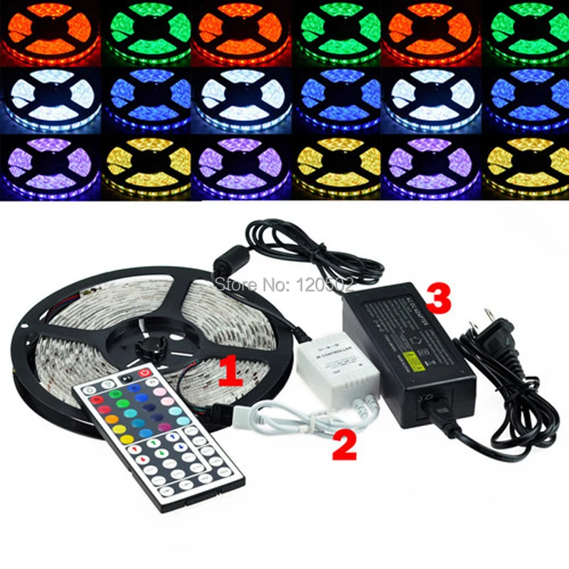 

Best Price 5050 300 5M RGB LED Strip SMD 60led/m Waterproof + 44key IR Remote Controller + 12V 5A Power Adapter