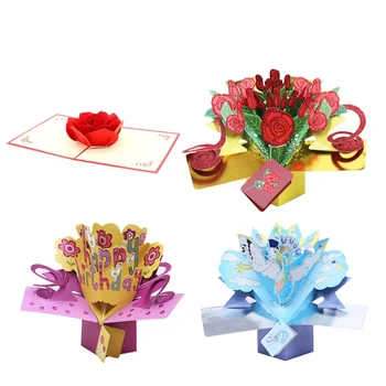 

3D Pop UP Greeting Cards Fantastic Flower Handmade Gift Nature Love with Bunch of Roses Happy Birthday with Flowers Gift