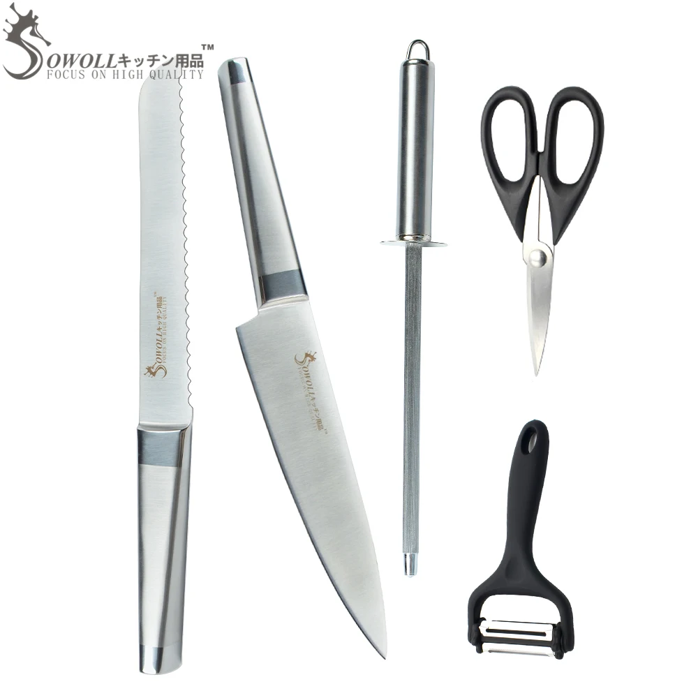 SOWOLL Stainless Steel Knife Set 8" Chef Bread Kitchen Knife + Multi