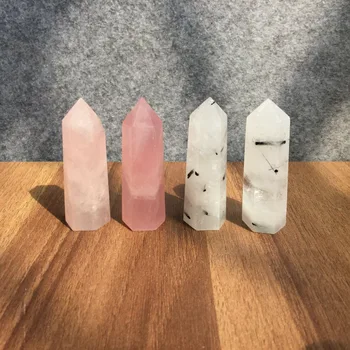 

natural rose quartz black tourmaline crystal wand point reiki healing home decoration fengshui for sale 4pcs