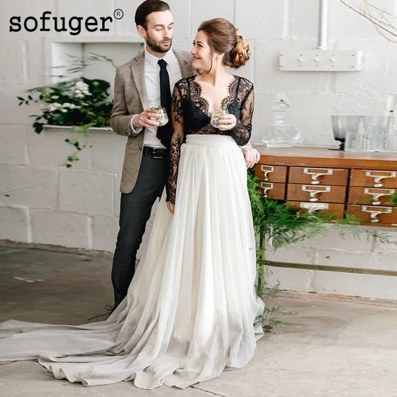 

White-Black Beach Lace Tiered Illusion Long Sleeves Wedding Dresses Robe De Mariage 2019 Custom Made Available