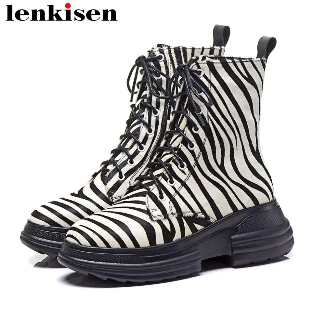 Lenkisen бренд великолепный конского волоса классический зебра с круглым носком водонепроницаемые на шнуровке молодых женские ботинки до