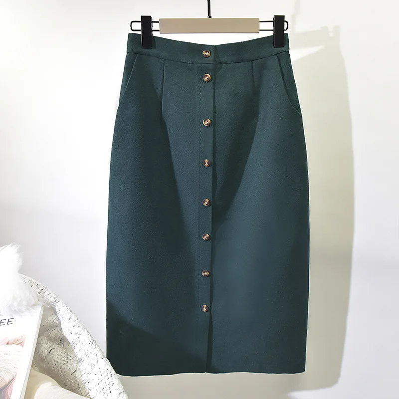 Sherhure, Женская юбка с высокой талией, на одной пуговице, свободная юбка цвета хаки, Saias, миди, Женская длинная юбка, Faldas, винтажная Женская юбка миди - Цвет: Зеленый