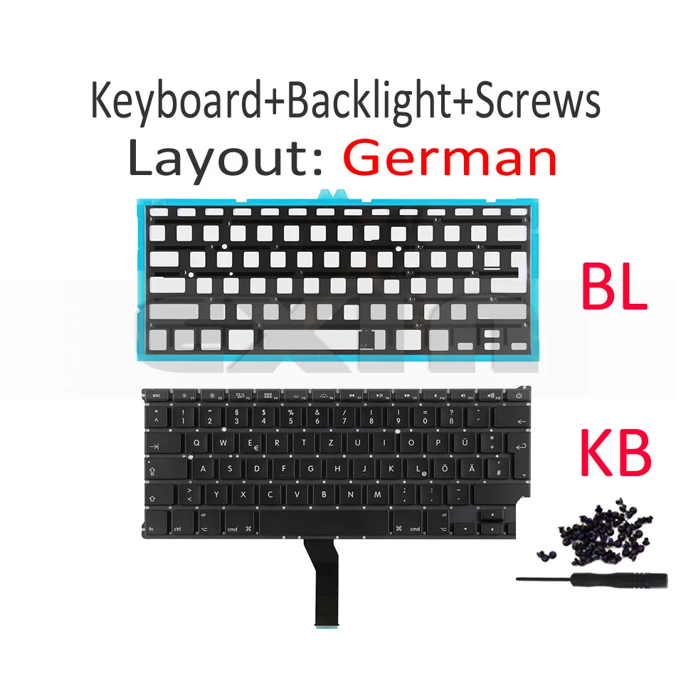 Genuine OEM German A1369 Keyboard+Backlight+Screws For MacBook Air 13/'/' 2011