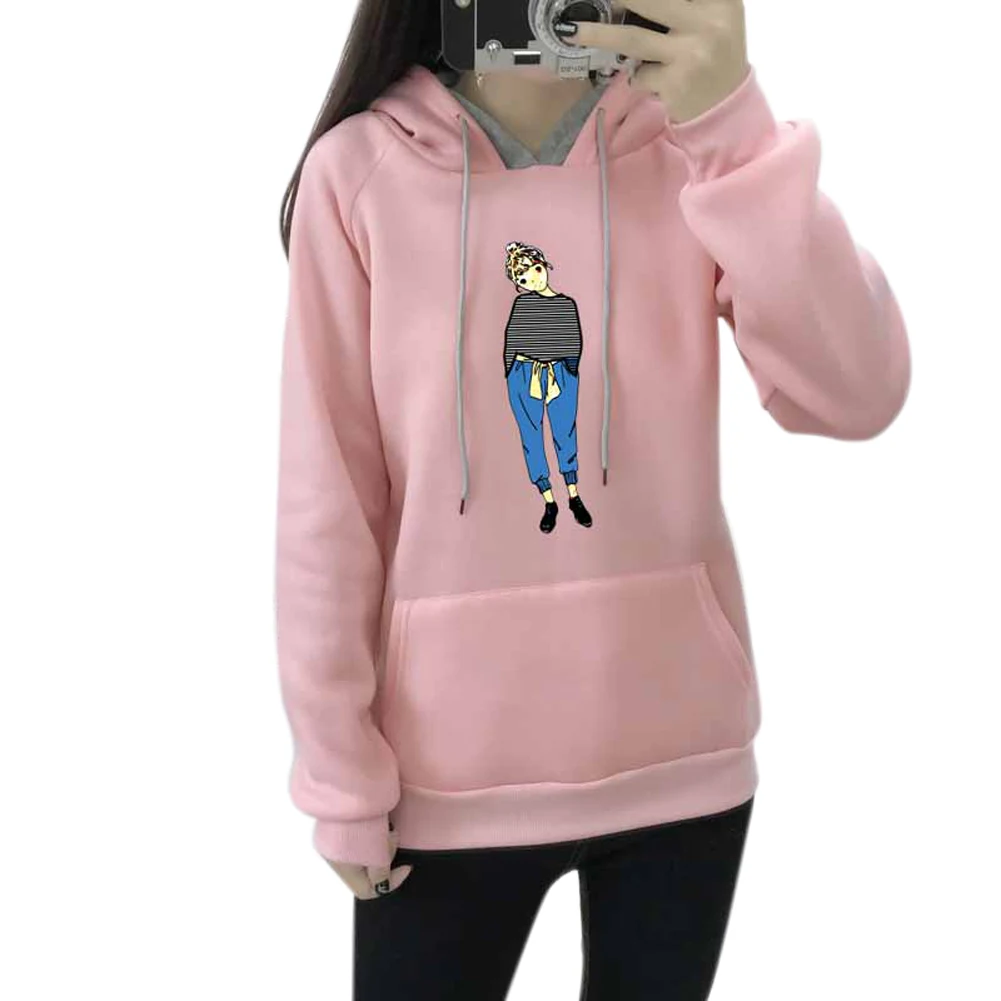 Women Autumn Hoodies Pullover Hooded Pockets Long Sleeves