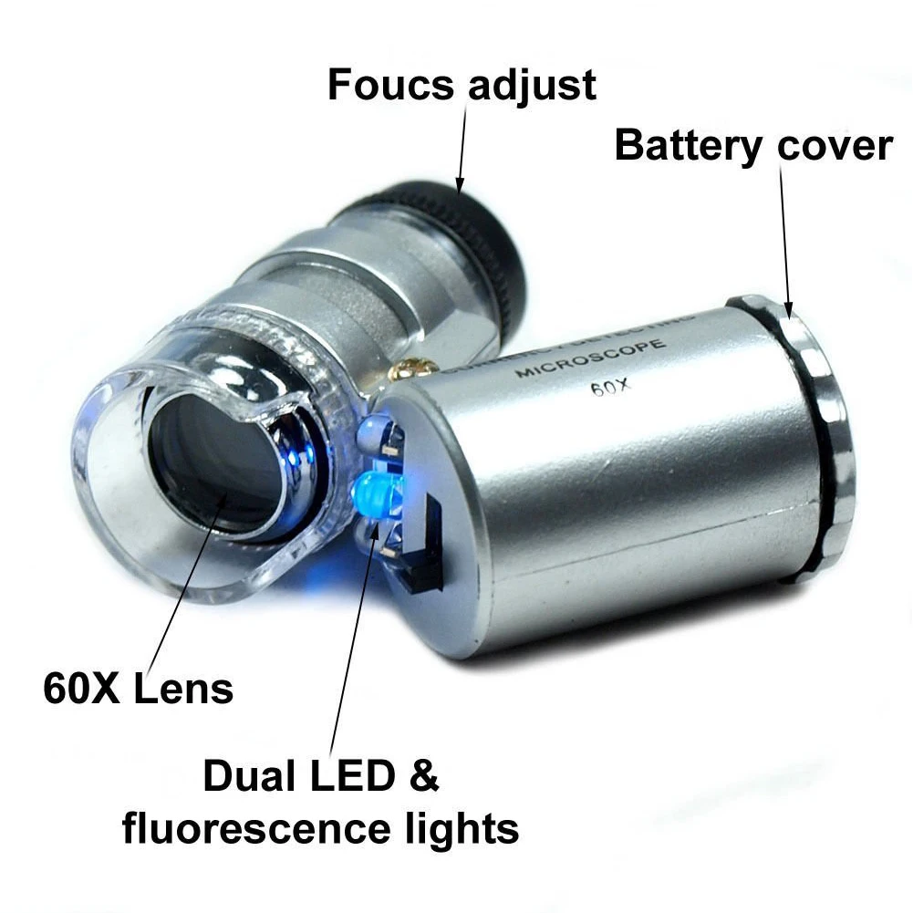 60X светодиодный мини-микроскоп Ювелирная Лупа объектив с подсветкой Лупа Стекло Портативный микроскоп для обнаружения валюты с УФ-светильник