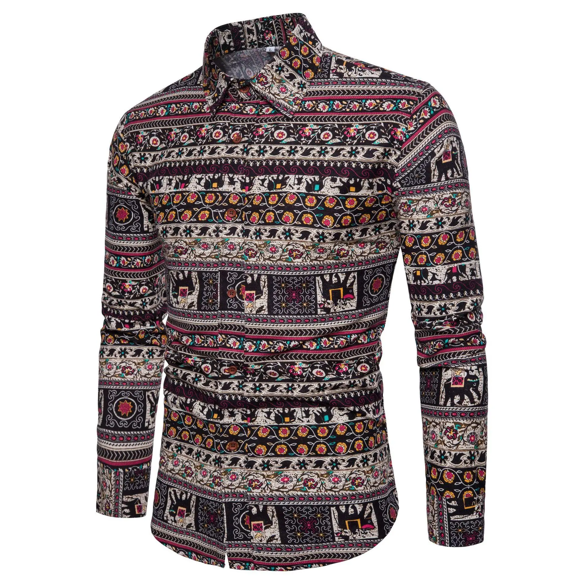 

Plus size Linen Shirts Men National style Long-sleeved Social Shirt Male Slim fit Flower Blouse Men New