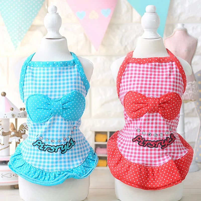 New Summer Bowknot Plaid Puppy Teddy Dog Princess Dress Skirt Clothing
