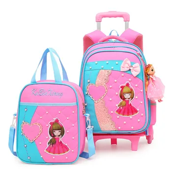 

Fashion lovely Trolley School bag For Girls Removable cartoon School Backpack on Wheels Children Bookbag kids Schoolbag mochila