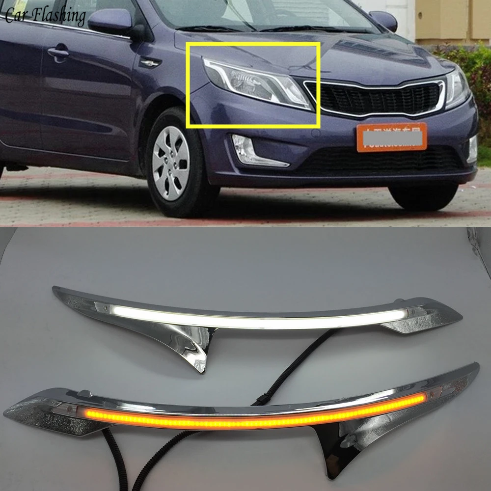 

2PCS LED DRL Daytime Running Light Yellow Turn Signal Relay Car Headlight Eyebrow Decoration For Kia K2 Rio 2011 2012 2013 2014