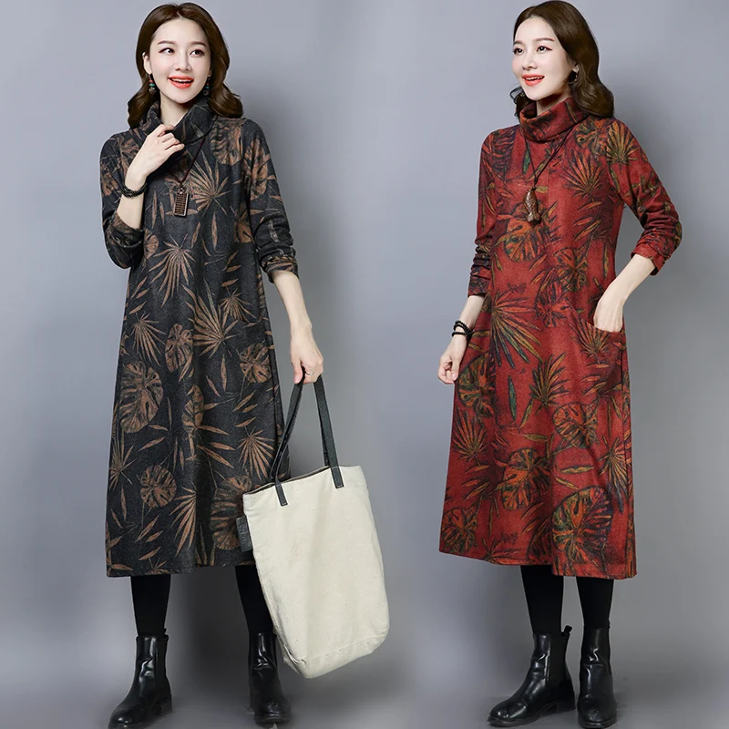 

Winter-Fall Plus Size Loose Fit Floral Flowers Wool Blends Blanket Dress Women's Ladies Vintage Maxi Long Slim Look TurtleNeck