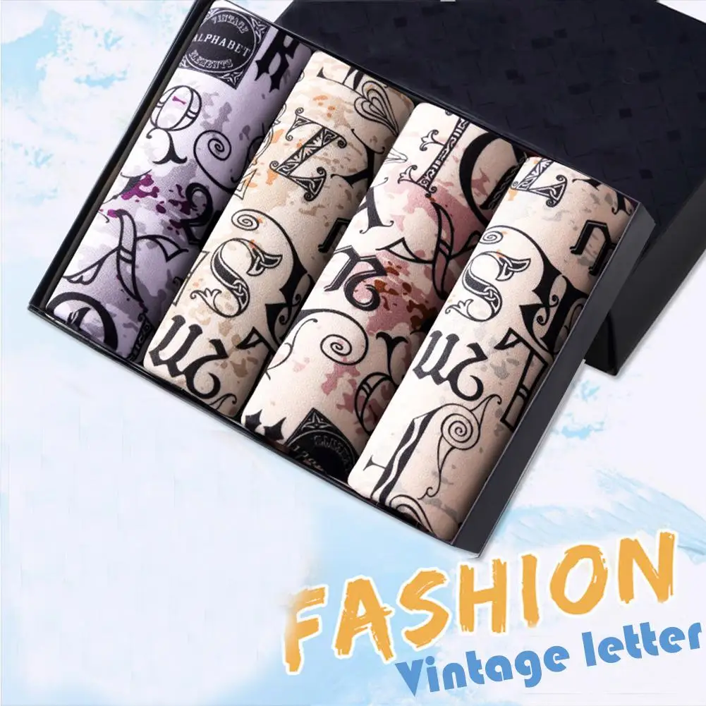 retro letters 1 шт./4 шт., сексуальные мужские боксеры в коробке, дышащее Мужское нижнее белье, цветные трусы-невидимки с принтом животных для мужчин - Цвет: retro letters