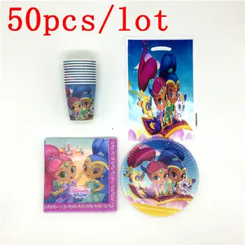 

50Pcs/Lot Shimmer Shine Theme Paper Cups+Plates+Napkin+Gift Bag Kid Favors Birthday Baby Shower Family Party Decoration Supply