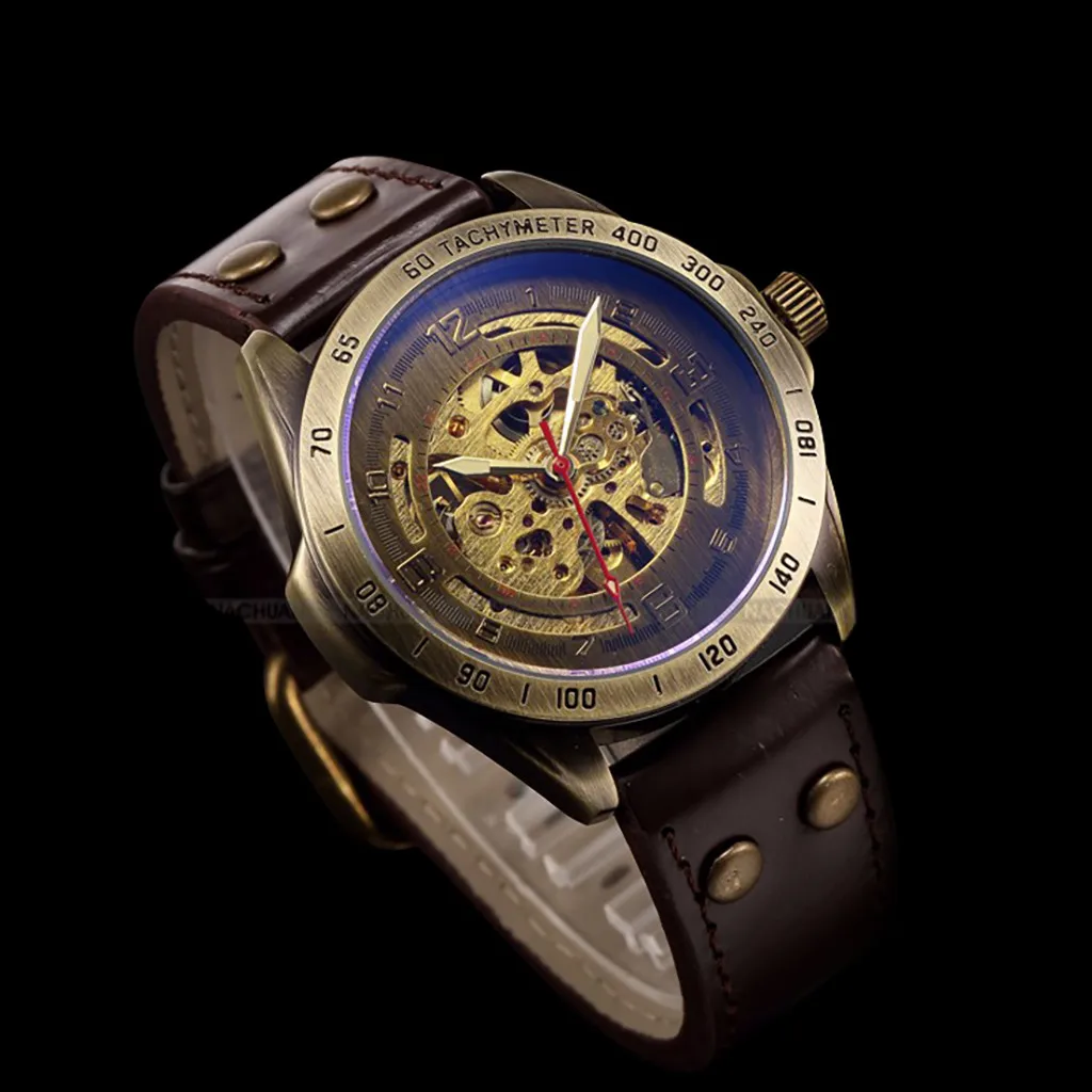 Механические часы со скелетом, автоматические часы для мужчин, стимпанк, бронзовый, прозрачный, автоматические механические наручные часы, часы для мужчин LD