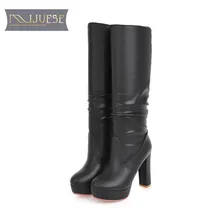 MLJUESE/ г. женские сапоги до колена теплые зимние сапоги из флока вечерние свадебные сапоги без застежки на квадратном каблуке с плюшевой подкладкой размеры 34-43
