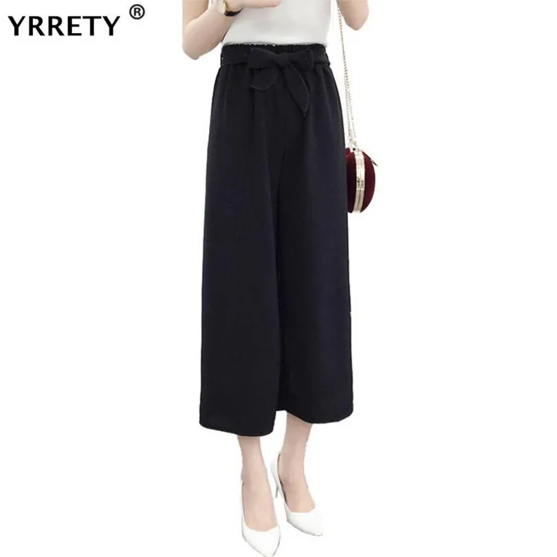 

YRRETY Summer Wide Leg Pants Elegant Bow Belt Striped High Waist Loose Trousers Office Ladies Ankle Length Dot Pattern Bottom