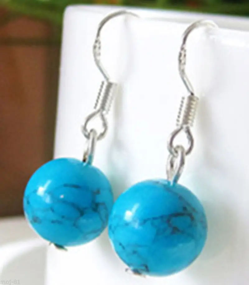 

Free shipping@@@@@ Handmade 12mm Blue Turquoise Beads Sterling Silver Dangle Earrings