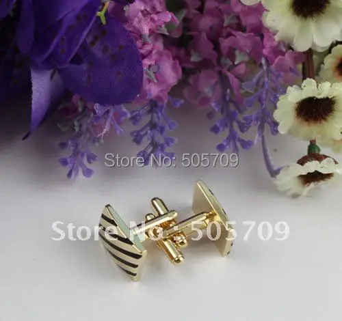 

FREE SHIPPING 2 Sets black repp stripe rectangle gold plate cufflinks #22248