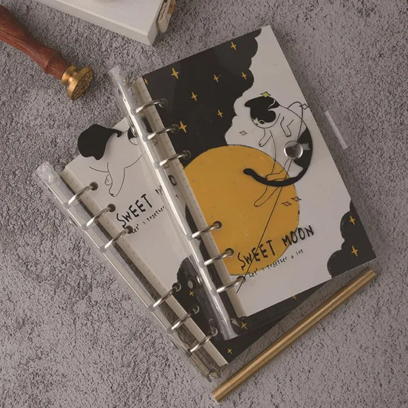 

1 Pcs Novelty Cat Sweet Moon PVC Notebook Accessory Office School Stationery Transparent Concise 6 Holes Binder Planner