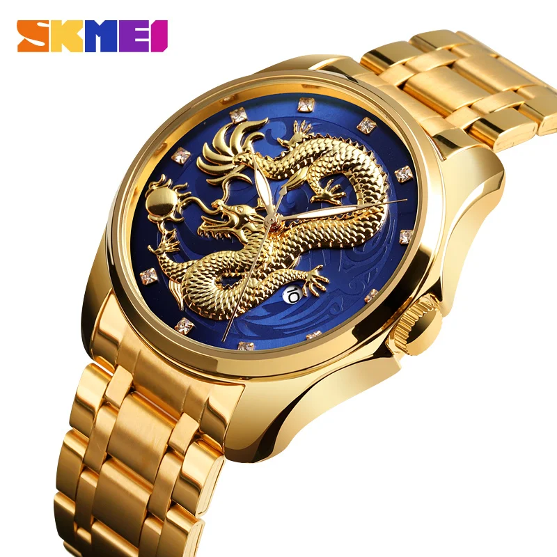 Skmei Top Brand Luxury Men Watch Golden Dragon Quartz Watches Men  Waterproof Date Display Stainless Steel Strap Wristwatch Male - Quartz  Wristwatches - AliExpress