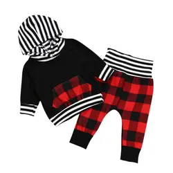 Комплект одежды из 2 предметов для новорожденных, унисекс, длинный рукав, красная клетчатая одежда с принтом, толстовки, топы + штаны