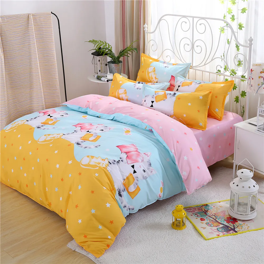 Cat in yellow pink bedding printed reading book Duvet Cover sheets pillow case King queen full