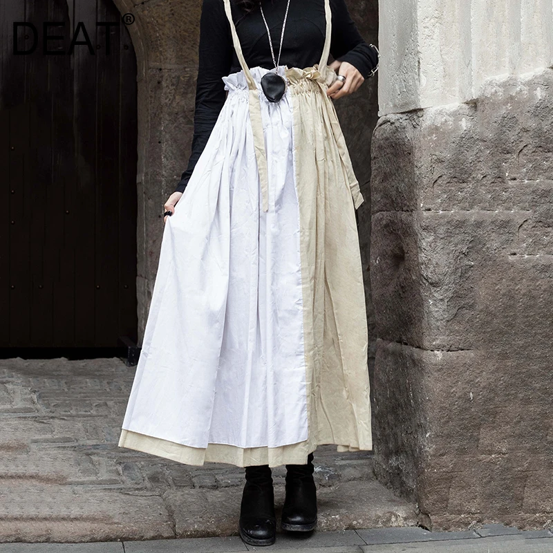 

[DEAT] 2019 New Spring Summer High Elastic Waist khaki hit color spliced pleated strap Half-body Skirt Women Fashion Tide JR59