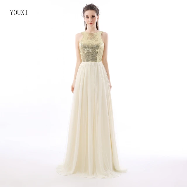 Charmming Chiffon Tulle with Top Champagne Gold Sequin Bridesmaid Dresses Formal Prom Dress 2016 Long Special Occasion Dresses