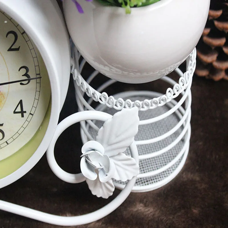 Rural Style Metal Bird clock Home Decoration Handwork Garden Table clock With Pen Pot Black White Colour