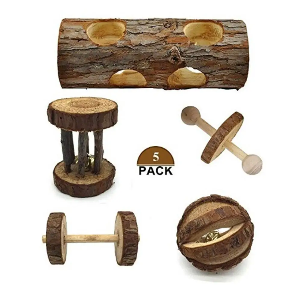 $12.6 5 Pcs Pure Wooden Hamster Toy Set Different Shapes Contains WoodenDumbbell Artificially Produced for Cat Hamster Parrot with Box