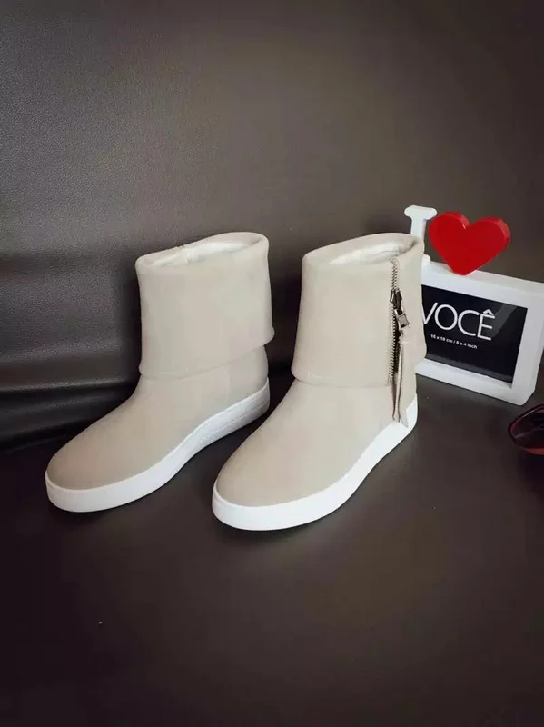 

Black and Grey snow ankle boots round toe flat comfortable heel turn-over-the edge side zipper boots for woman in winter