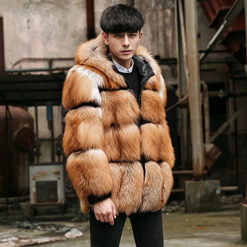 Настоящее натуральное пальто из серебристого лисьего меха с капюшоном, Мужская Меховая куртка, настоящее толстое теплое зимнее модное пальто для мужчин, FM-026 - Цвет: Red Fox