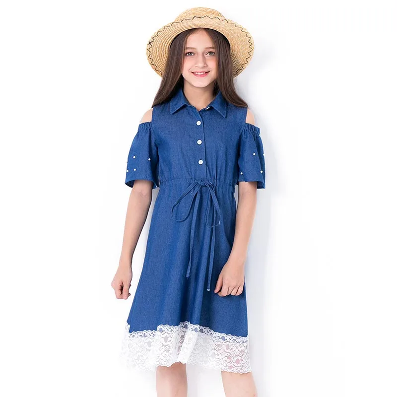 

2019 Summer Girls Dresses School Outfit Denim Lace Off-shoulder Teenage Girls Dress Kids Dresses for Girls Clothes Party Dress