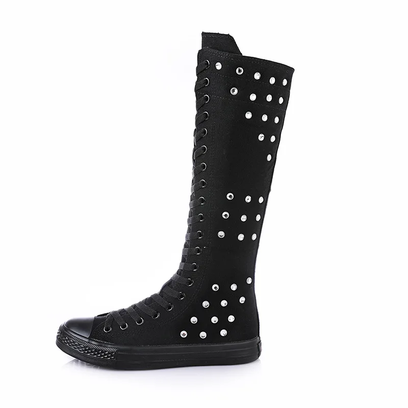 

Basket Femme 2019 Women Fashion High-top Zipper and Lace Boots Spring/Autumn Long-barreled Casual Flats Canvas Boots Size 34-43