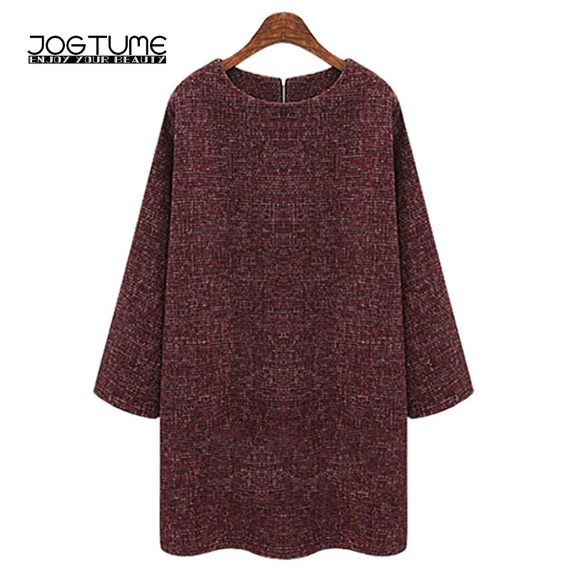 JOGTUME Wine Red Loose Dress 2017 Spring Autumn Women T-shirt Long Sleeve O Neck Lady Knitted Elegant Plus Size 5XL | Женская одежда